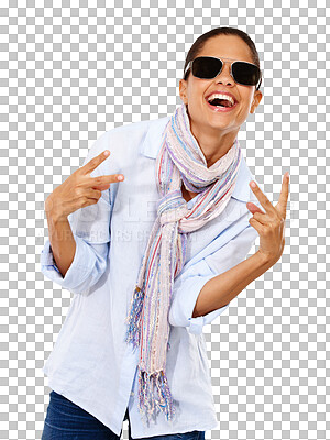 Buy stock photo Peace sign, sunglasses and happy woman isolated on transparent, png background and excited for retail sales or deal. Young person or fashion model in portrait for trendy eye care, cool emoji or hands