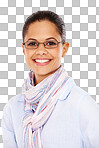 Glasses, secretary and portrait of a woman with a smile isolated on a png background in studio. Happiness, receptionist and face of a smart young person or model with eyewear for vision