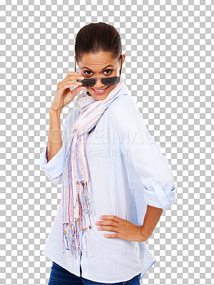 Buy stock photo Check out, portrait and woman with sunglasses isolated on transparent, png background for fashion and confidence. Biracial person or model with luxury or trendy eye care peek news or promotion deal