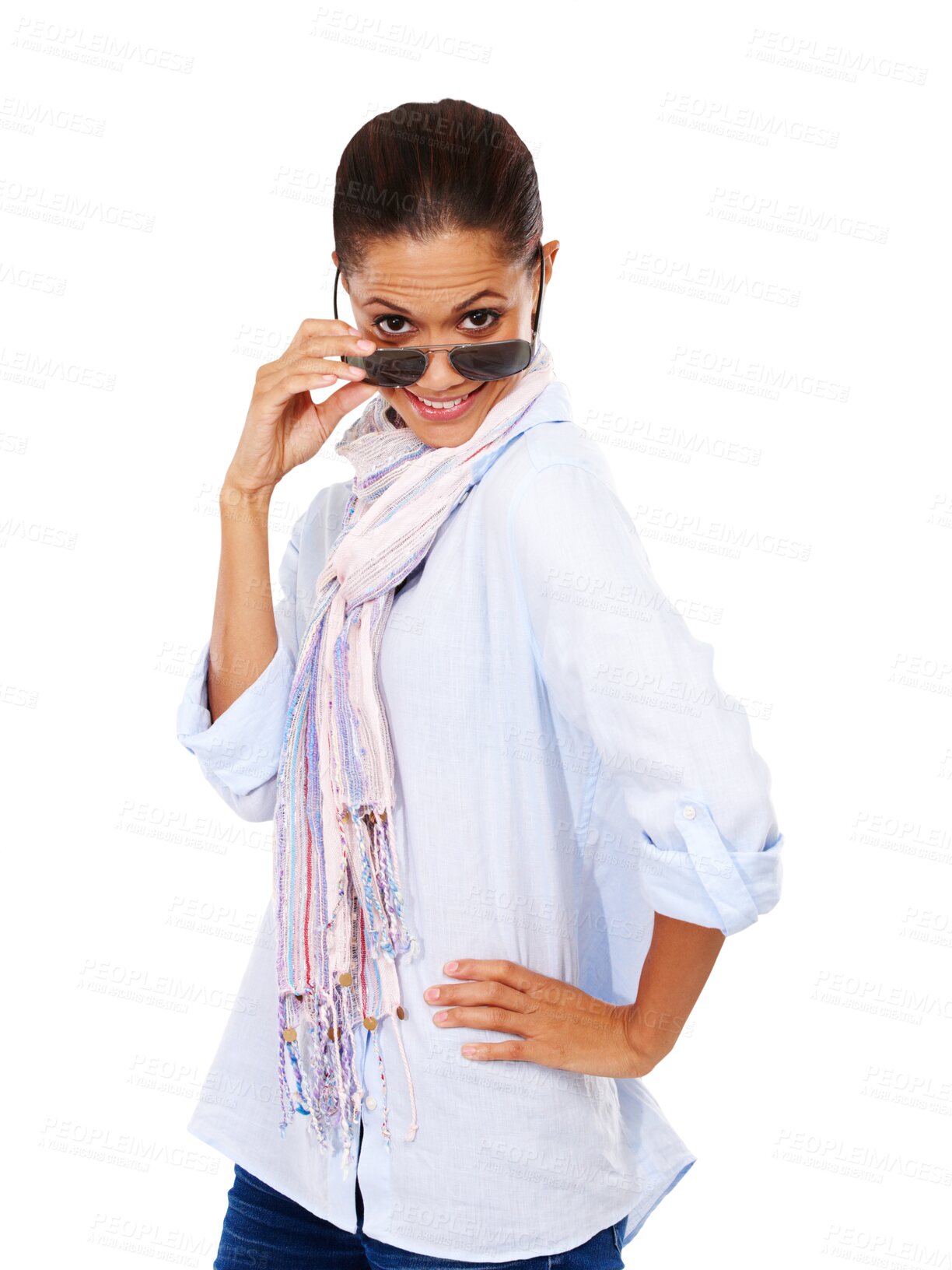 Buy stock photo Check out, portrait and woman with sunglasses isolated on transparent, png background for fashion and confidence. Biracial person or model with luxury or trendy eye care peek news or promotion deal