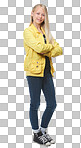 Children fashion, girl and child vertical portrait of a kid in studio with isolated on a png background. Happiness, cool and  clothes of a youth with a smile and young beauty feeling happy with positivity