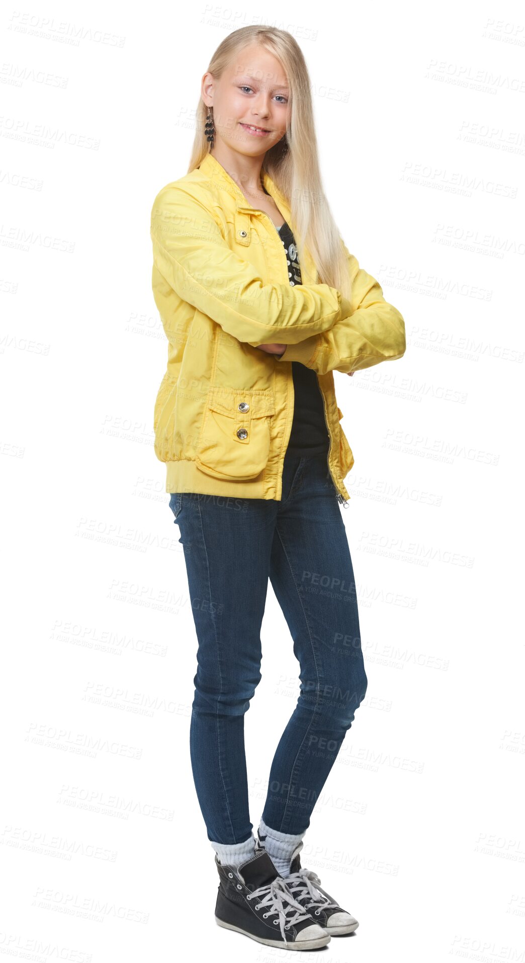 Buy stock photo Children fashion, girl portrait and arms crossed isolated on a transparent png background. Happy, cool and stylish clothes of a young teenager with a smile, happiness and confidence in style