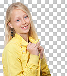 Happy, smile and portrait of a girl child in a studio with a trendy, cool and stylish teenager outfit. Beauty, happiness and face of a beautiful young kid model by isolated on a png background with mockup space.