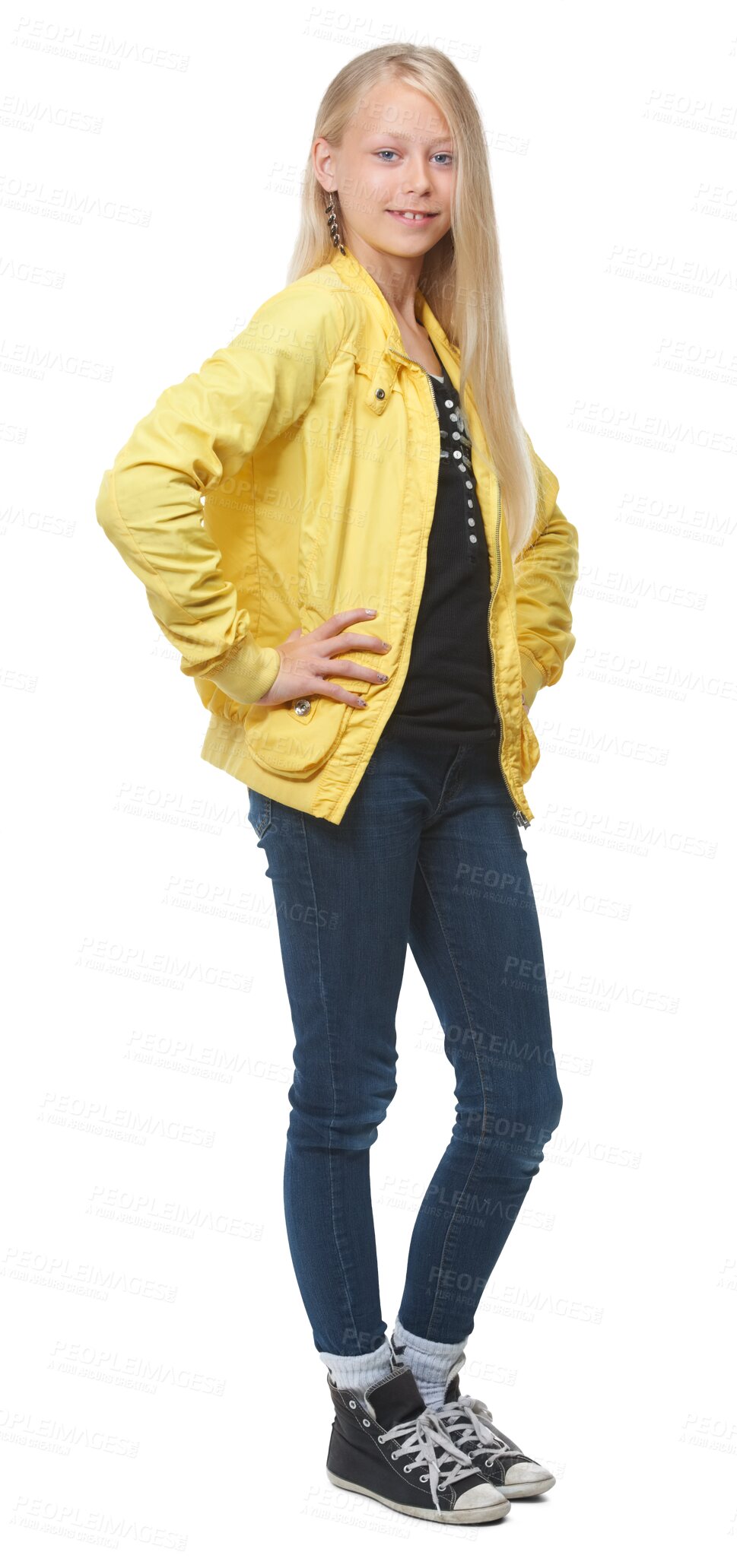 Buy stock photo Fashion, portrait and girl model in a trendy, cool and stylish teenager outfit. Happy, fashionable and a casual young kid with smile for style and confidence isolated on a transparent png background