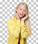 Young girl, face and happy surprise hands for announcement, excited happiness and child portrait in isolated on a png background. Teenager, wow and preteen hand frame facial smile for shocked vision 