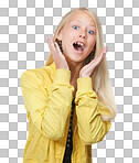 Young girl, smile and surprised face portrait in studio for comic fun, excited news or playful mindset. Trendy kid, shocked facial expression and wow hands, crazy meme or funny teenager announcement isolated on a png background