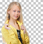 Portrait, kids fashion and mockup with a girl in studio on a isolated on a png background wearing a jacket for winter. Children, style or clothes with a female kid posing to promote a contemporary clothing brand