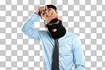 Corruption, crime and criminal mask portrait of worker hiding identity for fraud behaviour. Corporate businessman with balaclava for theft, scam or burglary on isolated on a png background
