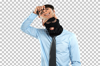 Corruption, crime and criminal mask portrait of worker hiding identity for fraud behaviour. Corporate businessman with balaclava for theft, scam or burglary on isolated on a png background