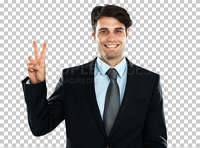 Buy stock photo Portrait, businessman and peace hand and sign with a smile for corporate work. Positive, happy and young executive employee with a confident greeting gesture isolated on a transparent png background