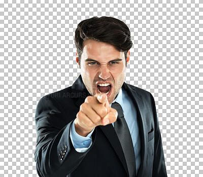 Buy stock photo Portrait, shouting and pointing with a business man isolated on a transparent background in anger or conflict. Screaming, blame and discipline with an angry male employee yelling at work on PNG