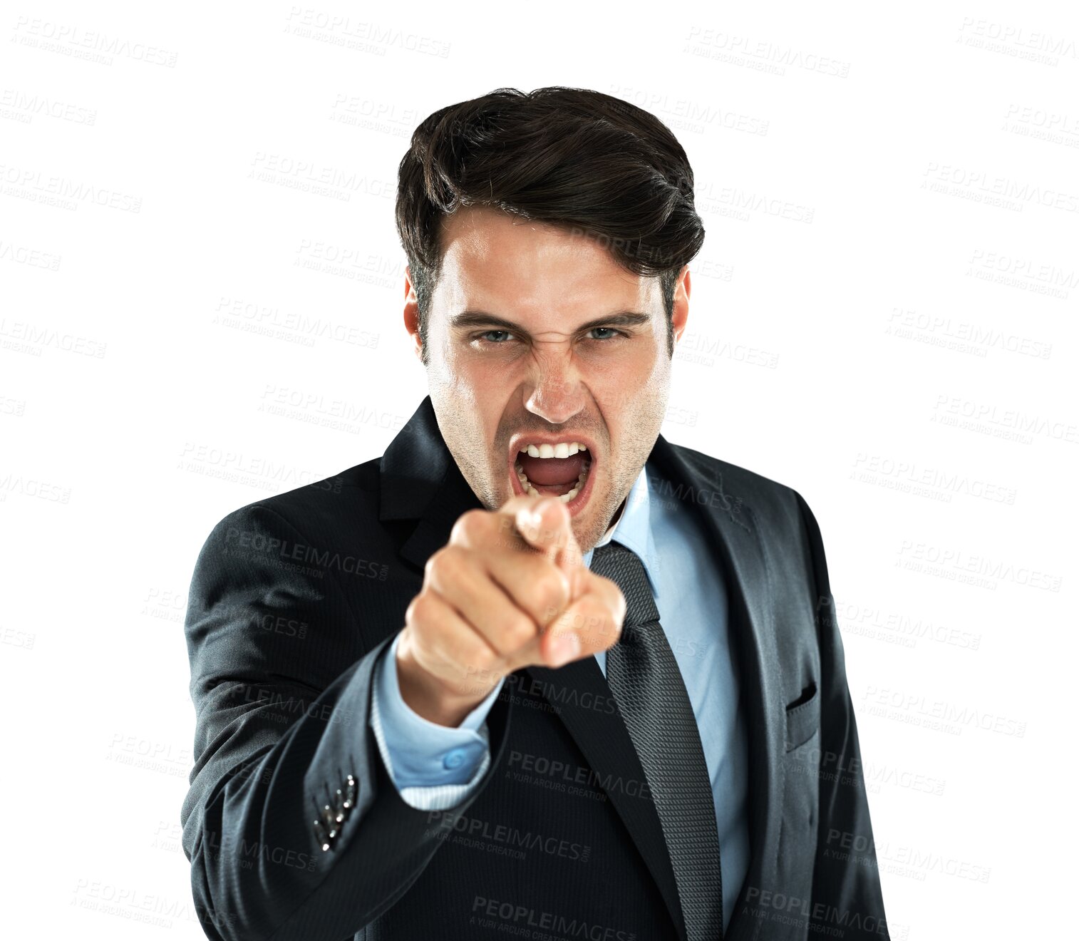 Buy stock photo Portrait, shouting and pointing with a business man isolated on a transparent background in anger or conflict. Screaming, blame and discipline with an angry male employee yelling at work on PNG