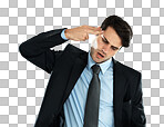 Business, man and gun gesture for depression, financial crisis and employee isolated on a png background. Young person, male entrepreneur and leader shooting head, frustrated and mental health