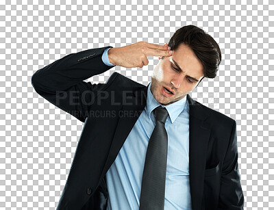 Business, man and gun gesture for depression, financial crisis and employee isolated on a png background. Young person, male entrepreneur and leader shooting head, frustrated and mental health