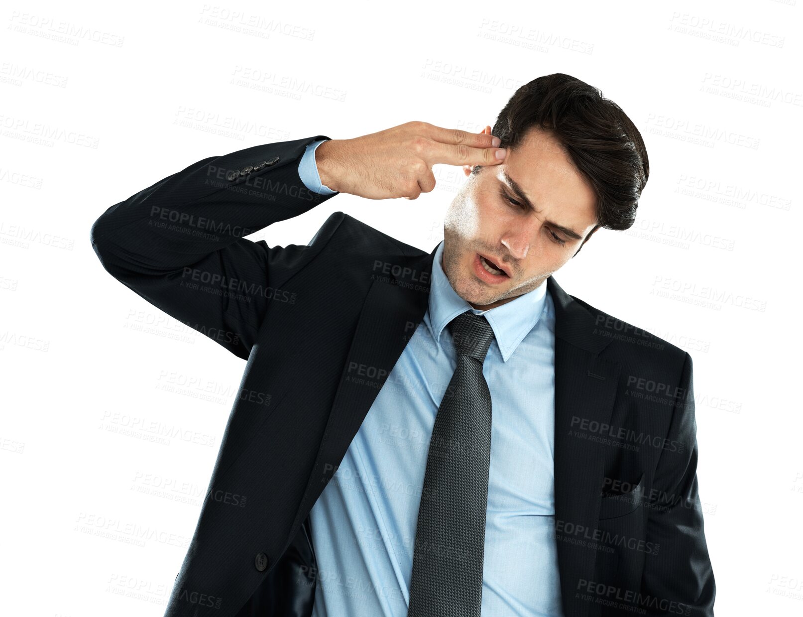 Buy stock photo Business man, gun gesture and isolated on transparent, png background for depression, mental health risk and stress. Frustrated corporate person, entrepreneur or employee shooting his head with hand