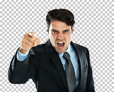 Buy stock photo Portrait, screaming and pointing with a business man isolated on a transparent background in anger or conflict. Shouting, blame and discipline with an angry male employee yelling at work on PNG