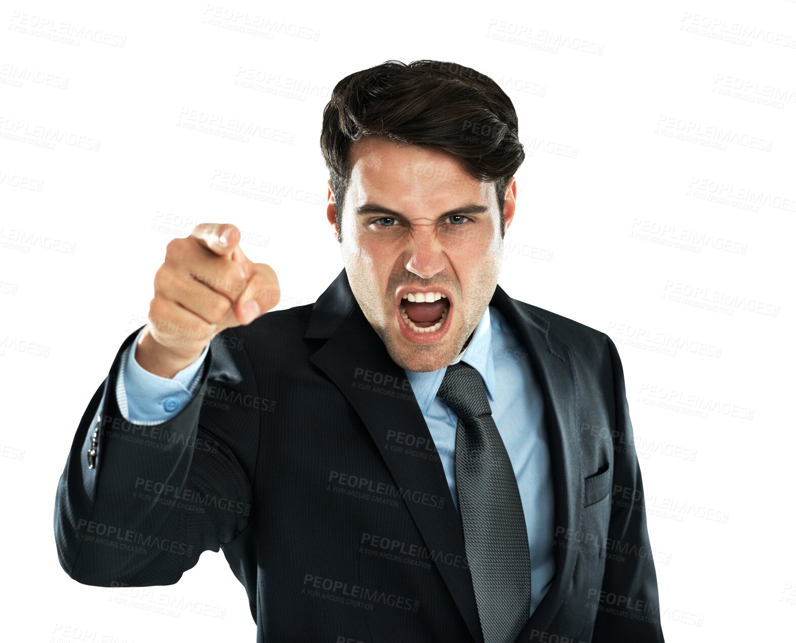 Buy stock photo Portrait, screaming and pointing with a business man isolated on a transparent background in anger or conflict. Shouting, blame and discipline with an angry male employee yelling at work on PNG