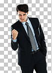 Fist pump celebration, portrait and business man celebrate corporate victory, winning achievement or profit success. Winner pride, bonus salary and cocky studio lawyer or salesman isolated on a png background