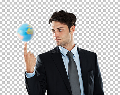 Globe, businessman and earth on finger, sustainability in international industry isolated on a png background. Balance, global focus and man with planet in hand, worldwide corporate success in studio
