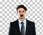 Secret, silence and portrait of a businessman with tape on lips. Quiet, hostage and silenced employee with covered mouth as an office worker on  isolated on a png background