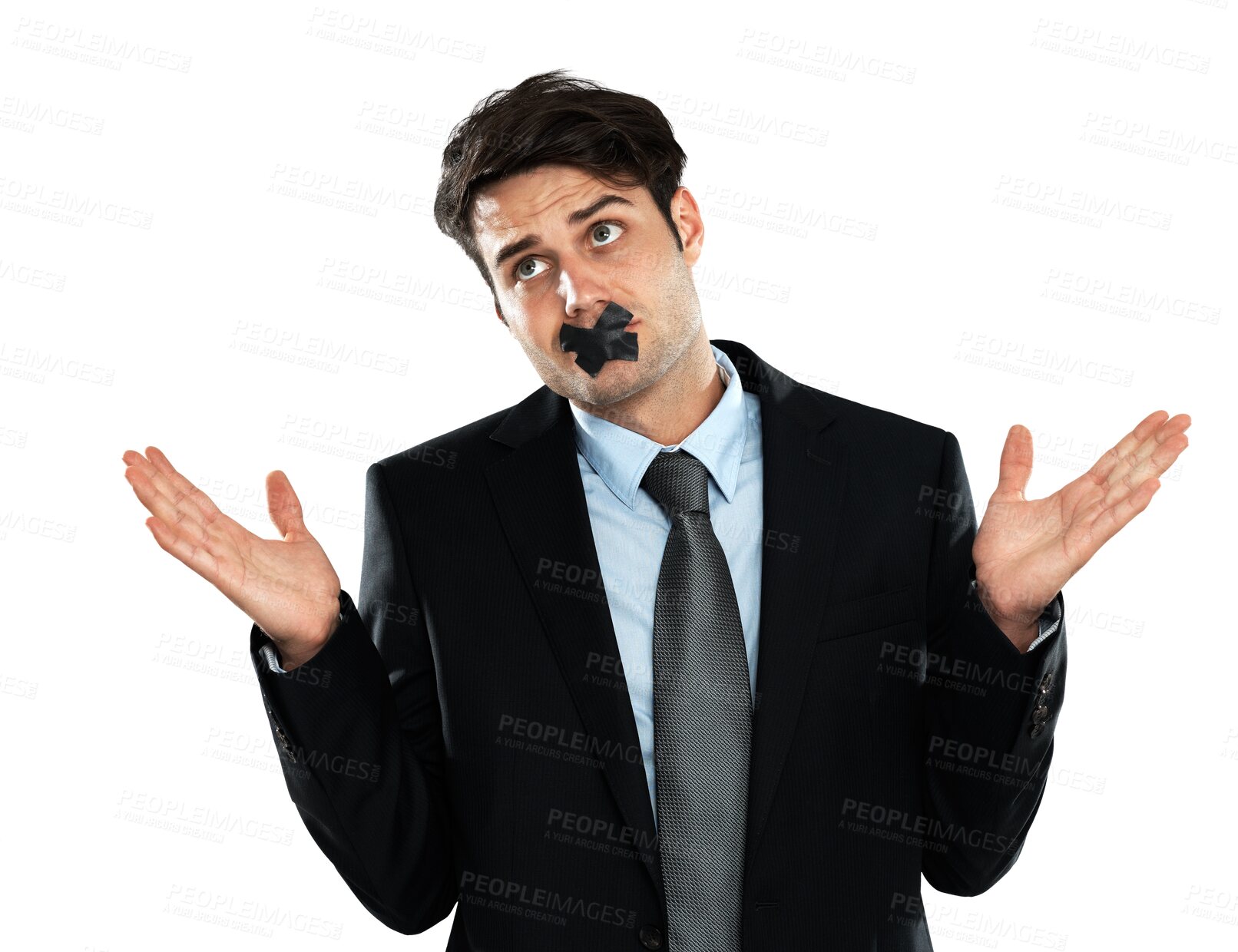 Buy stock photo Shrug, censorship and PNG with a business man isolated on a transparent background for silence or secrecy. Face, mouth or tape with a young male employee suffering a human rights violation at work