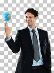 Globe spinning, business employee and man of global employee with earth, planet and sphere. Manager smile, international success and corporate suit of worker happy with isolated on a png background