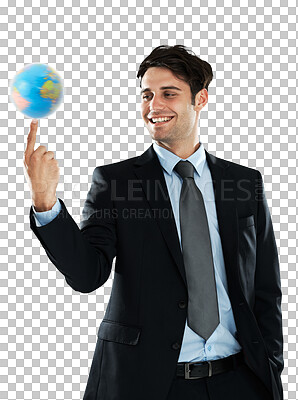 Buy stock photo Planet, earth on finger and business man balance on isolated, png and transparent background. International, professional and happy male entrepreneur with world for networking, global travel and map