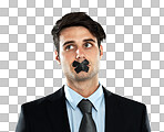 A Business man, tape on lips and corporate silence for secret, privacy and confidential information in studio. Person with mouth covered for censored, scared and hush isolated on a png background