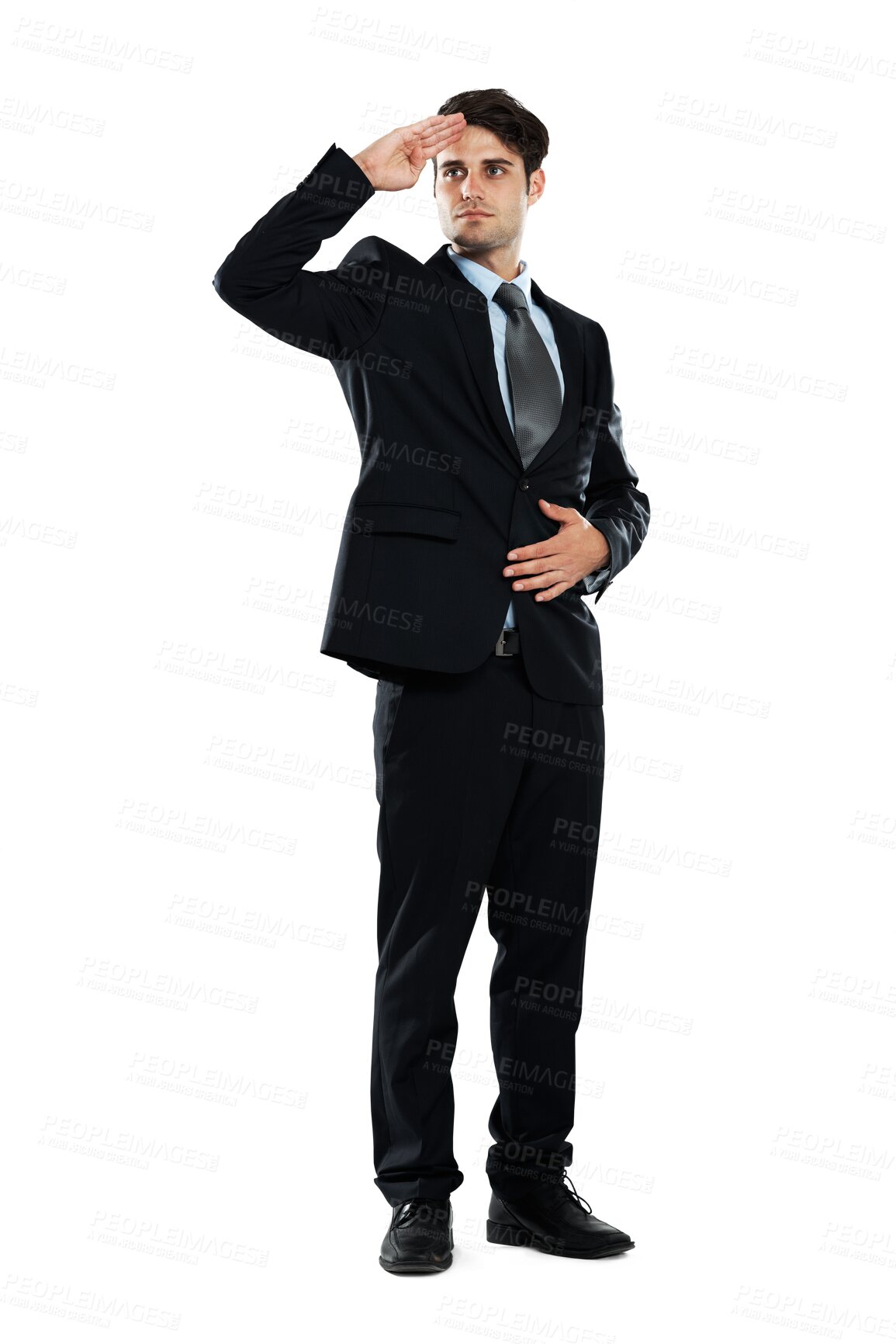 Buy stock photo Hand, salute and business man in power on isolated, transparent and png background. Hands, sign and gesture by male leader showing respect, empowerment and success, agreement and soldier signal 