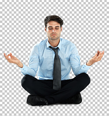 Buy stock photo Yoga meditation and business with man, relax and consultant isolated against a transparent background. Male employee, entrepreneur and worker with stress relief, meditate and png with mental health