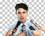 Microphone, portrait and interview for business man, government worker or corporate speaker. Speech communication, reporter hands and news journalist question to politician isolated on a png background