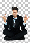 Portrait, rude and fuck with a business man  showing his middle finger. Hands, sign and gesture with an angry or frustrated male employee on blank space isolated on a png background