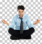 Yoga meditation portrait, relax and businessman meditate for stress relief, spiritual mental health or chakra energy healing. Lotus, zen mindset peace or worker mindfulness on isolated on a png background