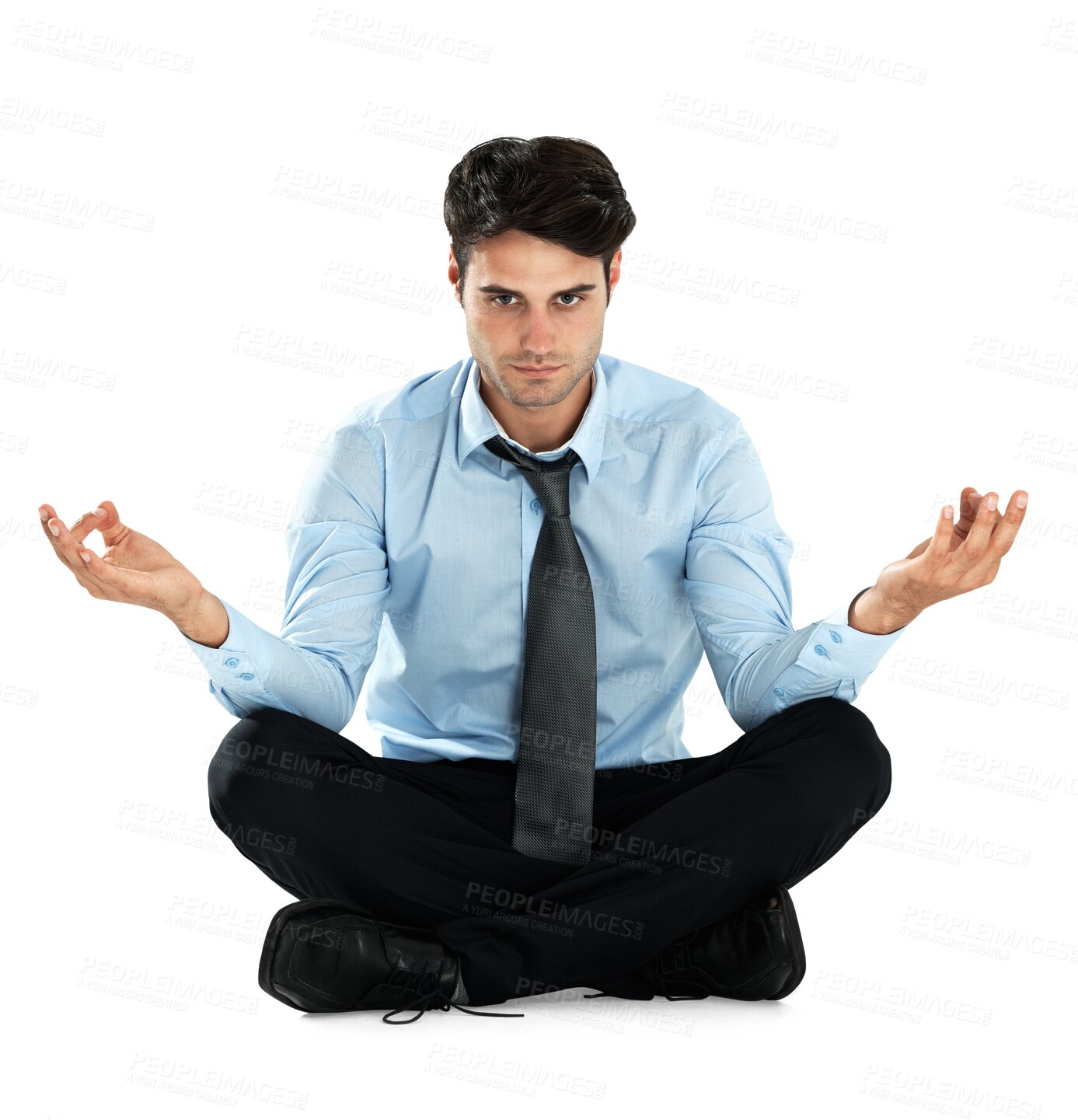 Buy stock photo Meditation portrait, relax and businessman with lotus for stress relief, spiritual health or chakra healing. Serious, zen or worker with mindfulness to meditate isolated on transparent png background