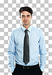 Portrait, leader and businessman in studio with vision for future while standing on isolated on a png background Face, handsome and young entrepreneur motivated by startup goal, idea and career while isolated