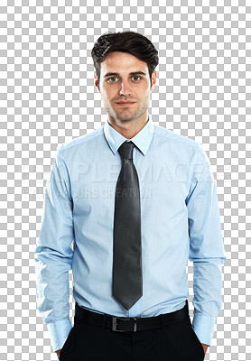 Buy stock photo Portrait, professional or PNG and a business man isolated on a transparent background with his mindset on the future. Face, hands in pockets and a handsome young, motivated entrepreneur at work