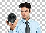 A Businessman, black skull in hand in studio for death, symbol and failure. Mental health, man and skeleton head for hypnosis, emoji and bad luck, horror and end while isolated on a png background