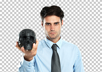 Buy stock photo Portrait, skull and theology with a business man isolated on a transparent background for death or theatre. PNG, magic and omen with a young male employee holding a prop for the performing arts