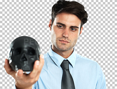 Hand, black and skull by businessman in studio for death, symbol and failure. Horror, fail and man showing human head for manipulation, emoji and bad luck while isolated on a png background