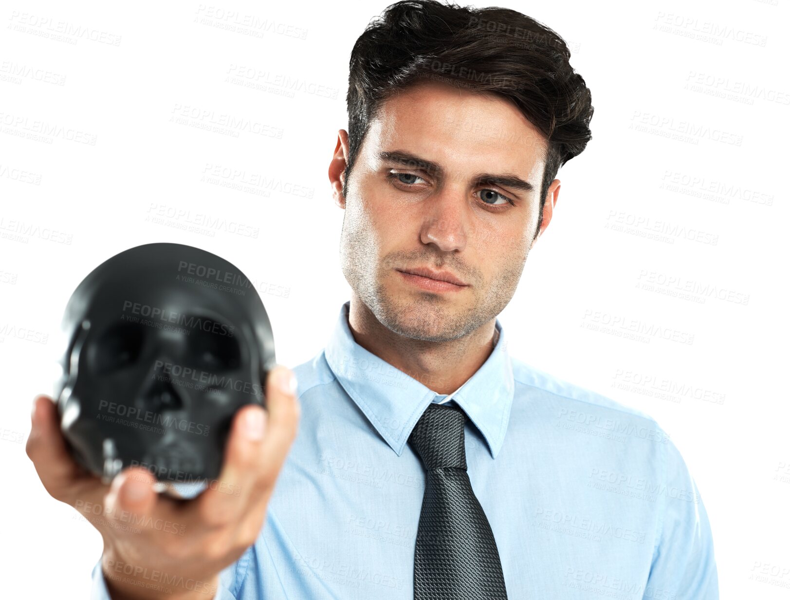 Buy stock photo Business man, black skull and looking isolated on a transparent png background. Death, horror and person holding cranium, human head or scalp symbol for evil, occult or bad luck, danger or mortality.