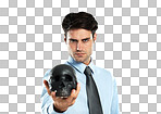 Portrait, black skull and business man in studio for death, symbol and failure against a white background. Face, fail and man showing human head for manipulation, emoji and bad luck isolated on a png background