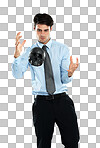 Business man, levitation and black skull in studio isolated on a png background. Magician, spirit and male employee levitating head or scalp in air for evil, death or occult, voodoo or magic trick.