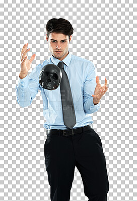 Buy stock photo Magic, levitation and businessman with a skull head for an occult, voodoo or halloween trick. Power, spirit and goth professional male model levitating a black ornament isolated by png background.