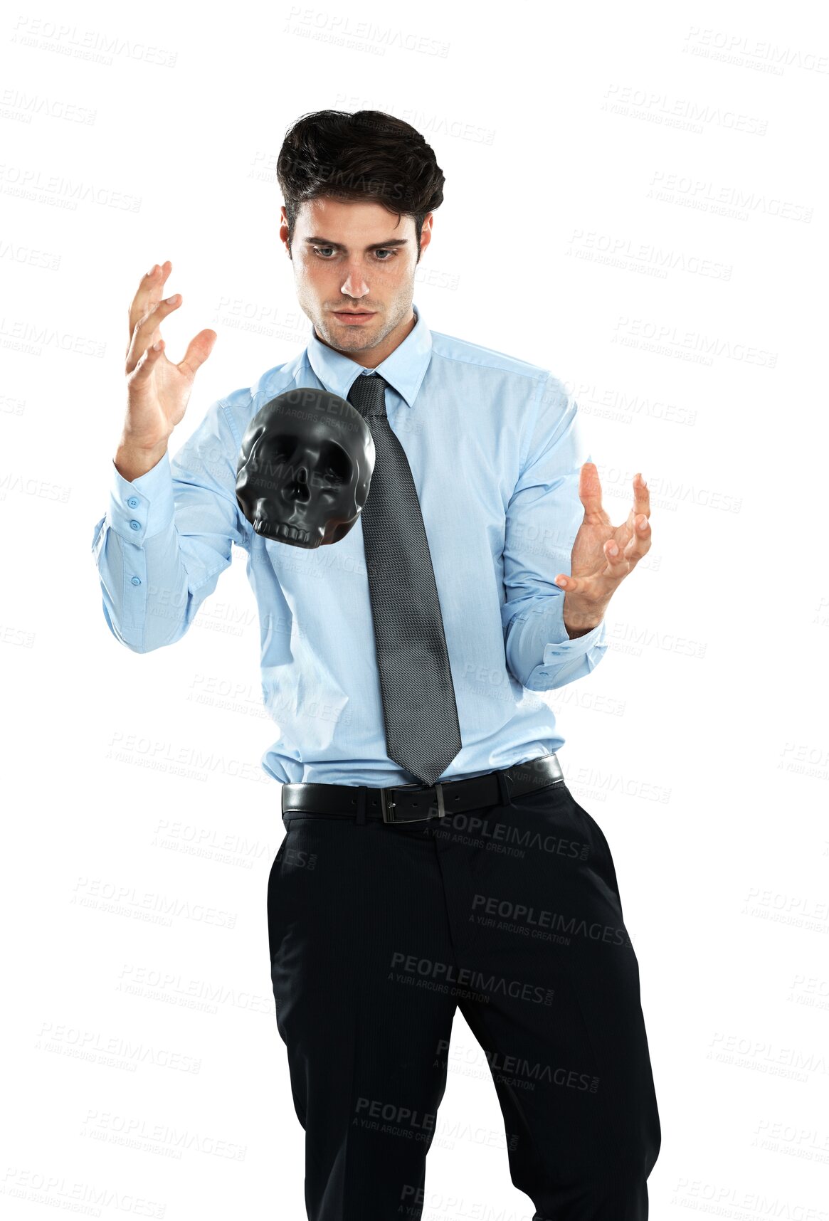 Buy stock photo Magic, levitation and businessman with a skull head for an occult, voodoo or halloween trick. Power, spirit and goth professional male model levitating a black ornament isolated by png background.