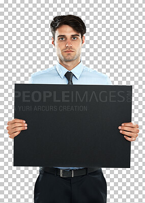 Buy stock photo Business man, portrait and poster for mockup isolated on a transparent png background. Copy space, serious and person with banner or blank board for advertising, marketing or commercial promotion.