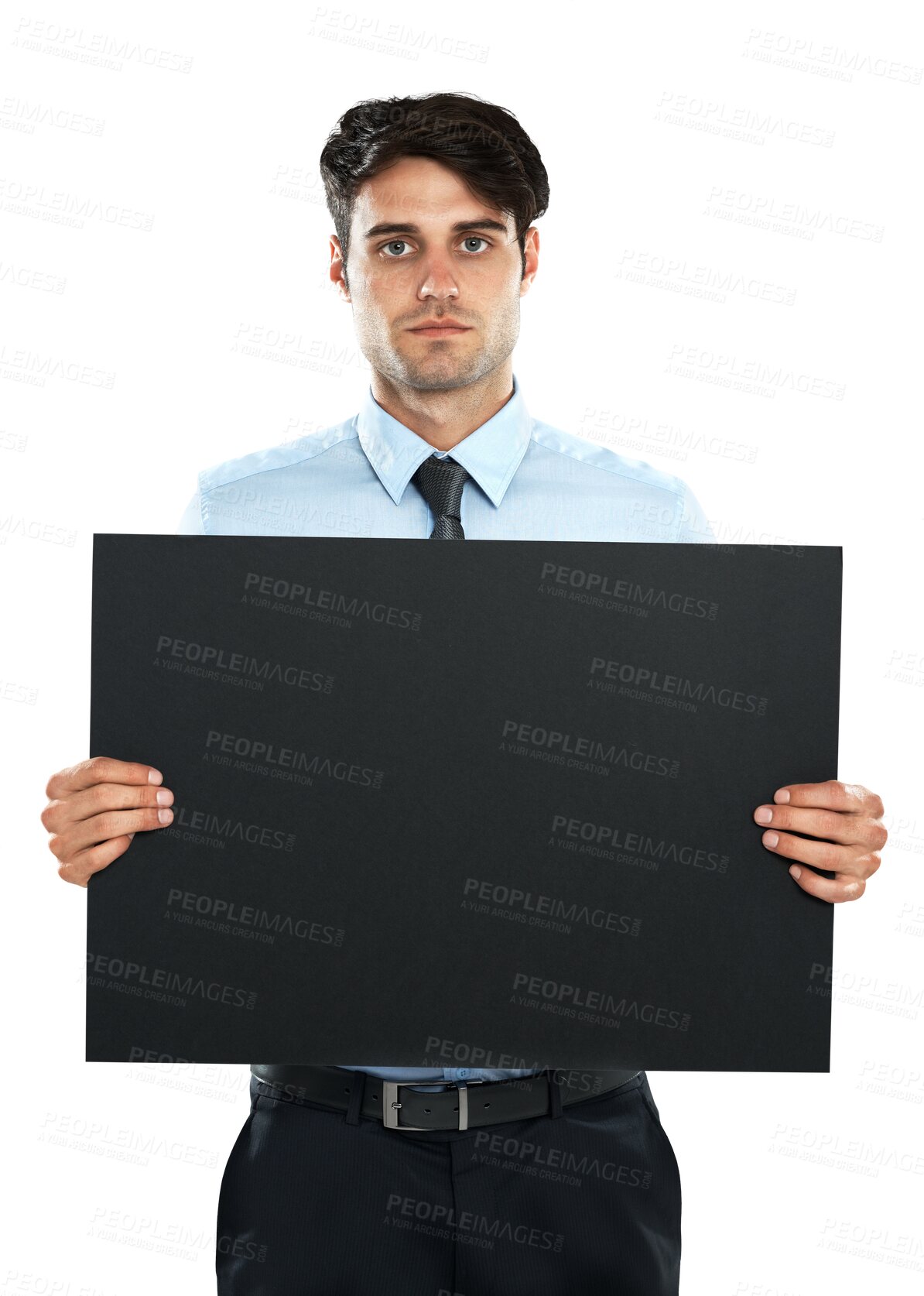 Buy stock photo Business man, portrait and poster for mockup isolated on a transparent png background. Copy space, serious and person with banner or blank board for advertising, marketing or commercial promotion.