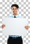 Placard mockup, happiness and portrait businessman with marketing poster, advertising banner or product placement space. Billboard sign, studio mock up and sales model isolated on a png background