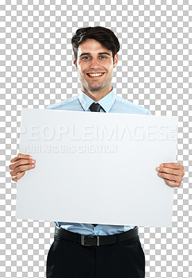 Buy stock photo Poster space, portrait and happy man isolated on transparent, png background for business promotion or mockup. Corporate person with professional presentation, empty paper or board sign advertising