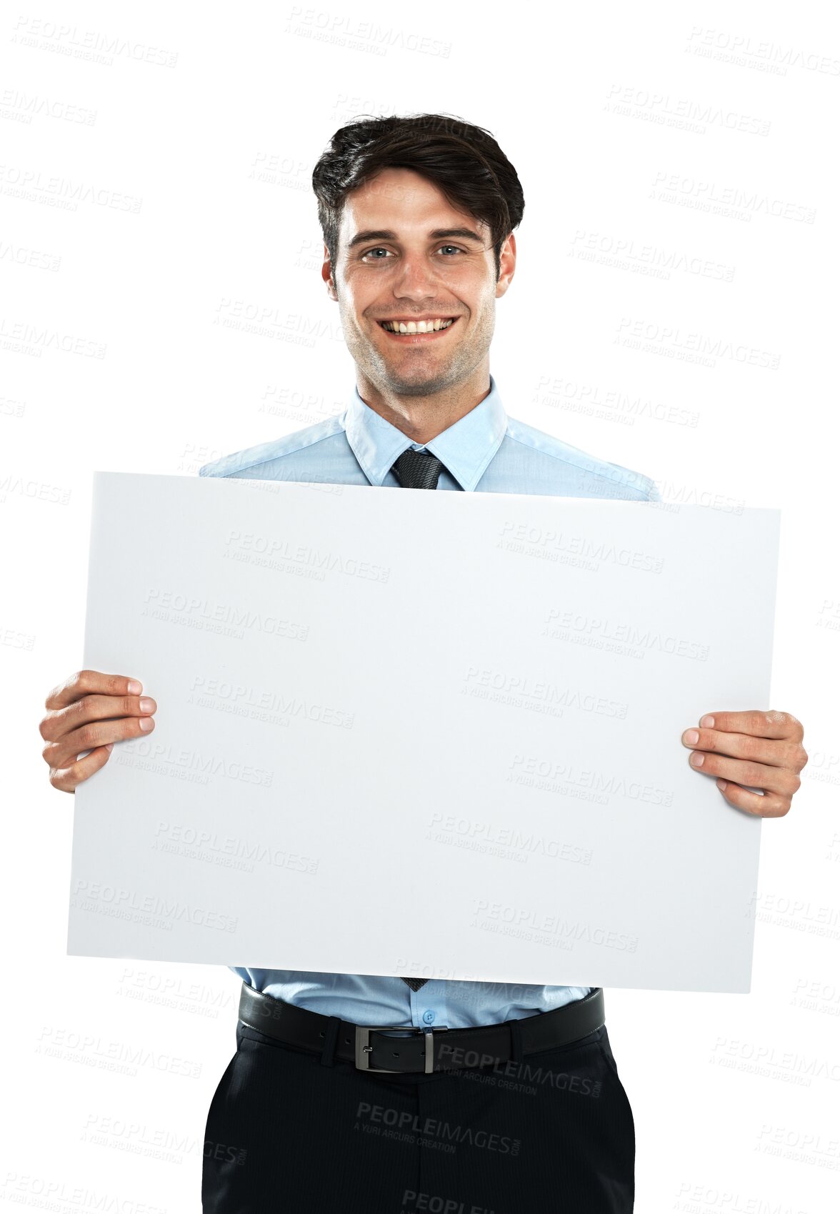 Buy stock photo Poster space, portrait and happy man isolated on transparent, png background for business promotion or mockup. Corporate person with professional presentation, empty paper or board sign advertising