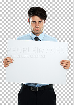 Buy stock photo Portrait, business man and mockup with poster isolated on a transparent png background. Copy space, serious and person with banner or blank board for advertising, marketing and billboard promotion.